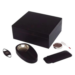 50 Stick Black Humidor Gift Set With Leather Case Ashtray & Cutter