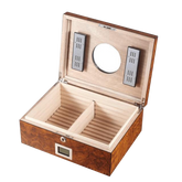 50Ct Humidor Burl Veneer With Round Glass Window, Matt Finish Silver Hinges