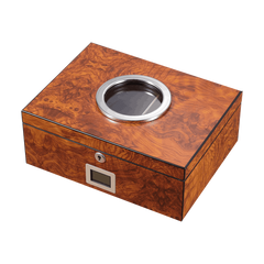 50Ct Humidor Burl Veneer With Round Glass Window, Matt Finish Silver Hinges