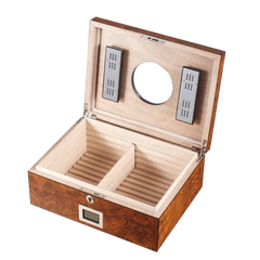 50Ct Humidor Burl Veneer With Round Glass Window, Matt Finish Silver Hinges