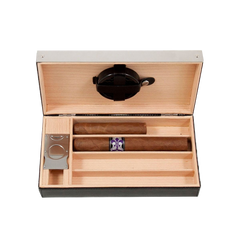 4 Cigar Holder With Cutter And Humistat, Black Leather