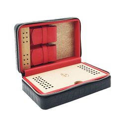 4 Stick Travel Set Cedar Wood Lined & Black Leather with Cutter & Lighter