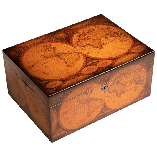 Selection of desktop and travel cigar humidors made from cedar and glass-top materials.
