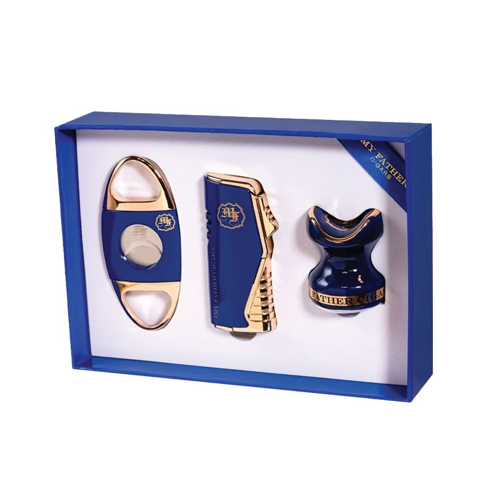 My Father Cigar Accessory Set with Cutter, Lighter & Cigar Rest - Blue