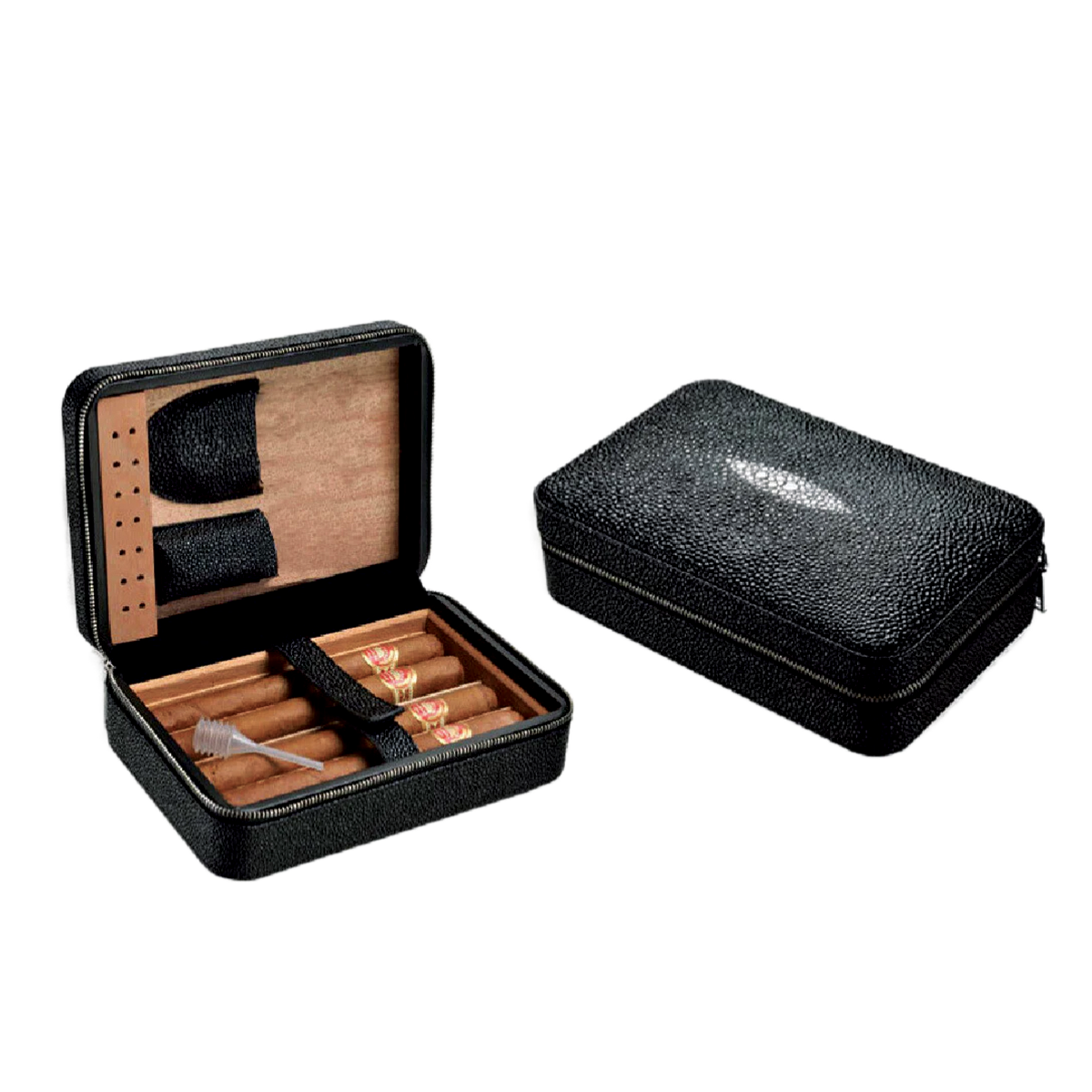 Shiny Black 4 Stick Travel Humidor Set With Cutter and Lighter