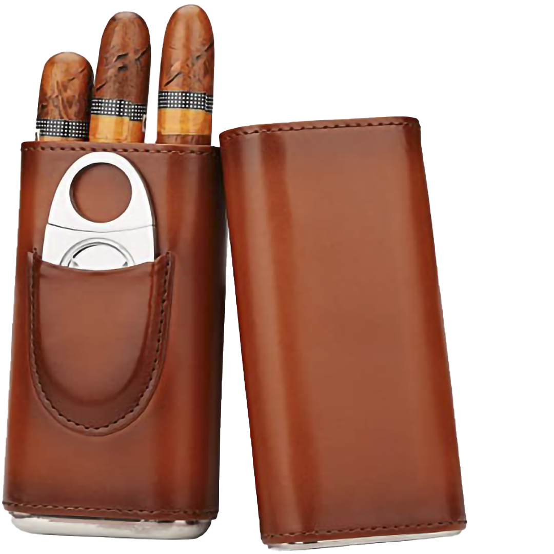 3 Stick Brown Leather Cigar Case With Cutter Holder