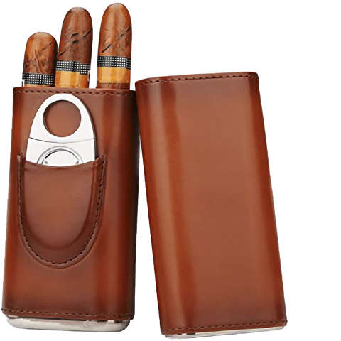3 Stick Brown Leather Cigar Case With Cutter Holder